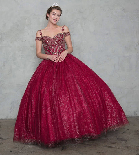 Off Shoulder Glitter Ball Gown with Embroidered Bodice