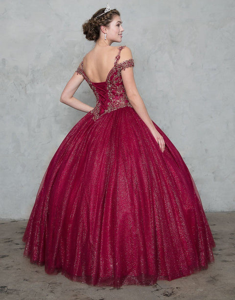Off Shoulder Glitter Ball Gown with Embroidered Bodice
