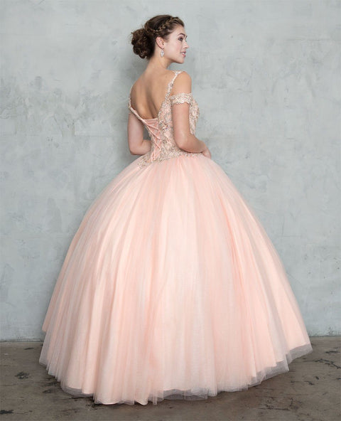 Off Shoulder Glitter Ball Gown with Embroidered Bodice