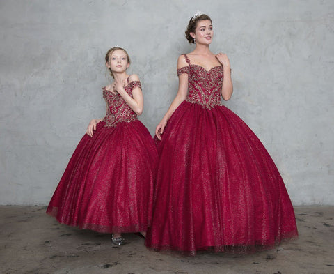 Off Shoulder Glitter Ball Gown with Embroidered Bodice