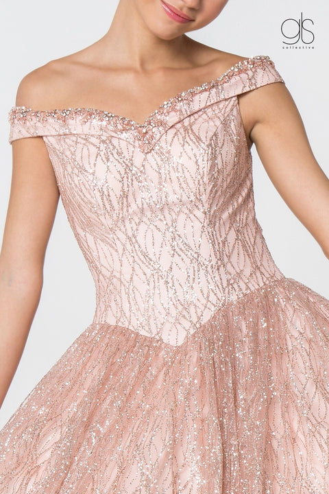 Glitter Pattern Off the Shoulder Ball Gown by Elizabeth K GL2832