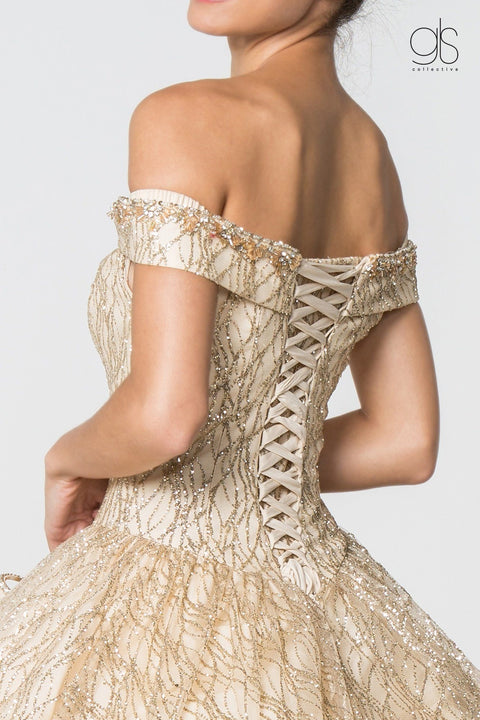 Glitter Pattern Off the Shoulder Ball Gown by Elizabeth K GL2832