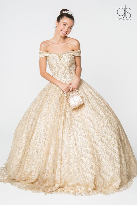 Glitter Pattern Off the Shoulder Ball Gown by Elizabeth K GL2832