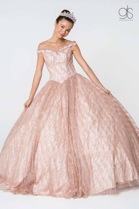 Glitter Pattern Off the Shoulder Ball Gown by Elizabeth K GL2832