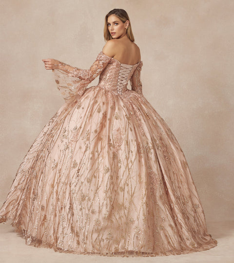 Juliet 1438: Bell Sleeve Ball Gown with Glitter Print