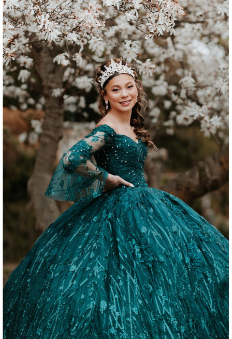 Juliet 1438: Bell Sleeve Ball Gown with Glitter Print