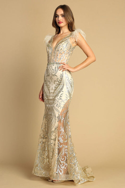 Adora 3151: Deep V-Neck Gown with Glitter Print and Feather Details