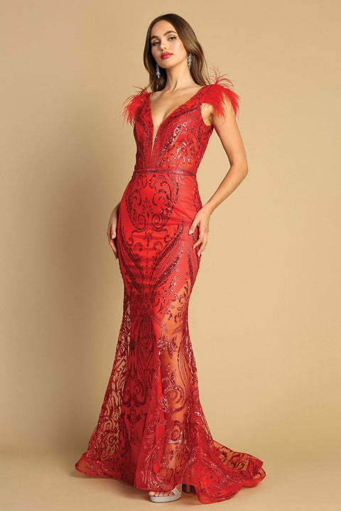Adora 3151: Deep V-Neck Gown with Glitter Print and Feather Details