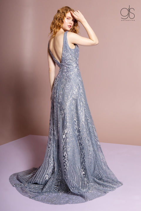 GLS Gloria GL2698: Gown with Glitter Print and Illusion V-Neckline