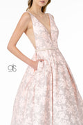 Elizabeth K GL2897: Long Dress with Glitter Print and Illusion V-Neckline