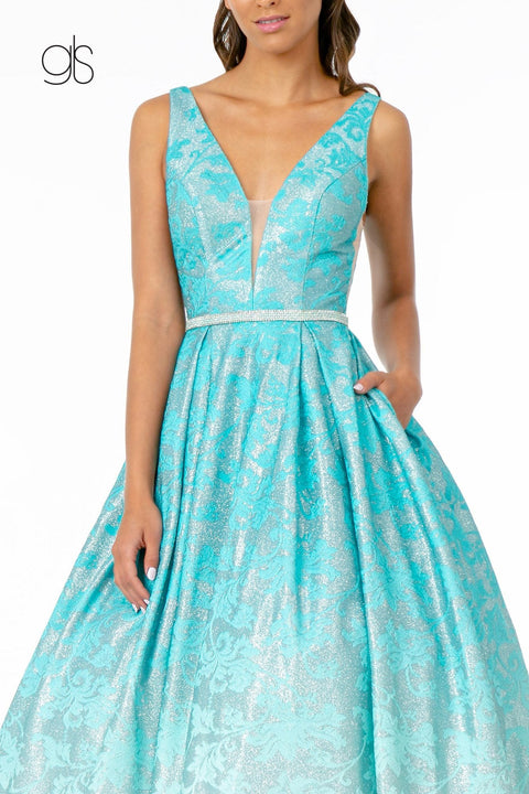 Elizabeth K GL2897: Long Dress with Glitter Print and Illusion V-Neckline