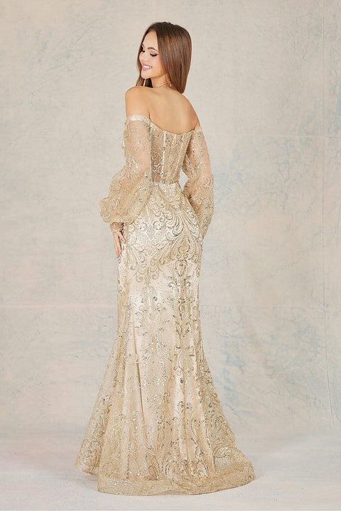 Adora 3150: Long Sleeve Off Shoulder Gown with Glitter Print