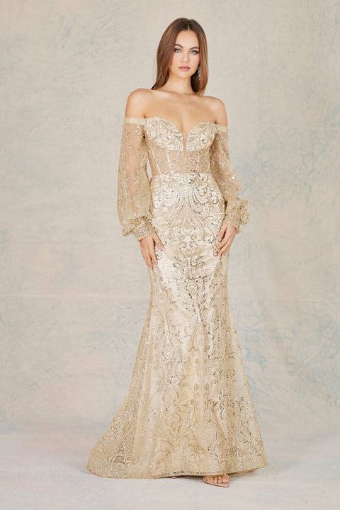 Adora 3150: Long Sleeve Off Shoulder Gown with Glitter Print
