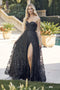 Juliet 2403: Long Strapless Slit Dress with Glitter Print