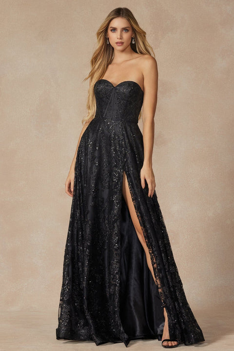 Juliet 2403: Long Strapless Slit Dress with Glitter Print