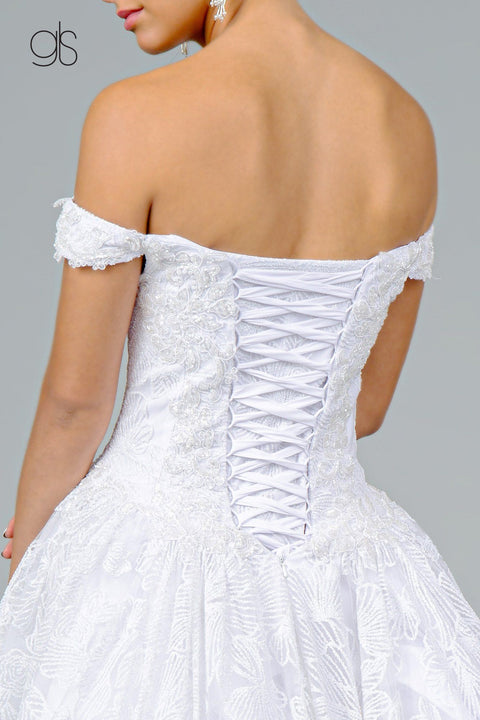 Elizabeth K GL1820: Off Shoulder Ball Gown with Glitter Print