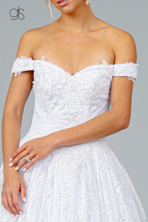 Elizabeth K GL1820: Off Shoulder Ball Gown with Glitter Print