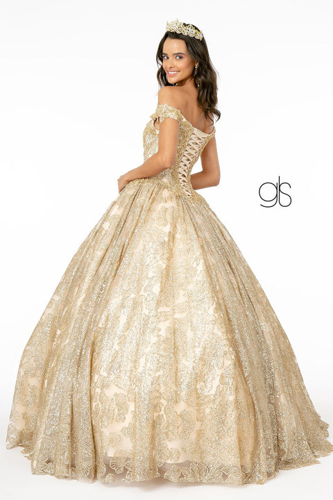 Elizabeth K GL1820: Off Shoulder Ball Gown with Glitter Print