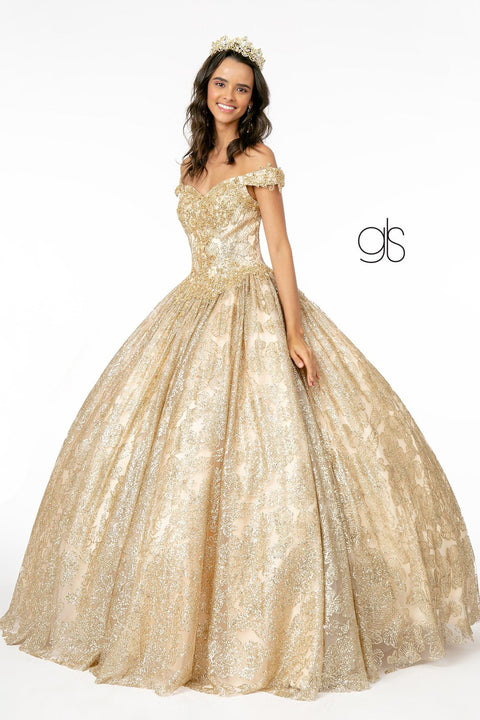 Elizabeth K GL1820: Off Shoulder Ball Gown with Glitter Print