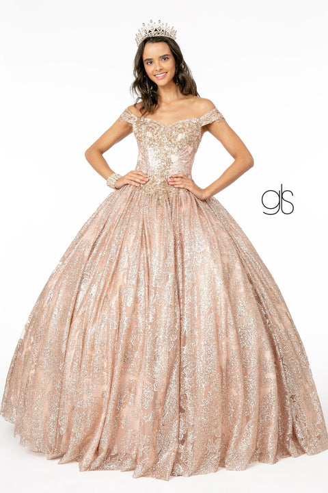 Elizabeth K GL1820: Off Shoulder Ball Gown with Glitter Print