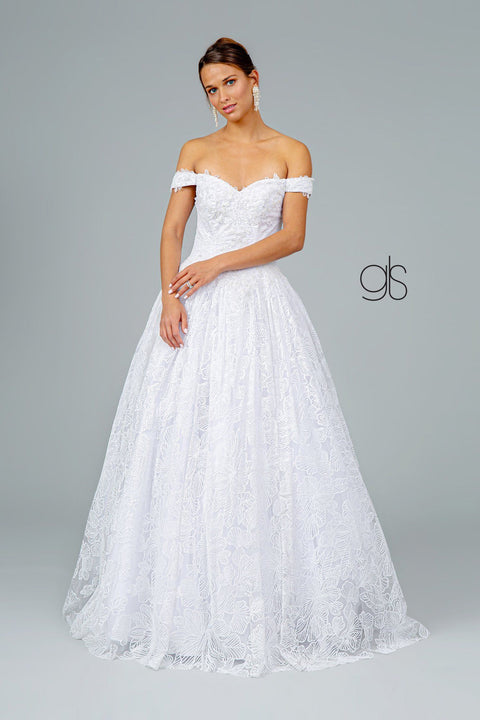 Elizabeth K GL1820: Off Shoulder Ball Gown with Glitter Print