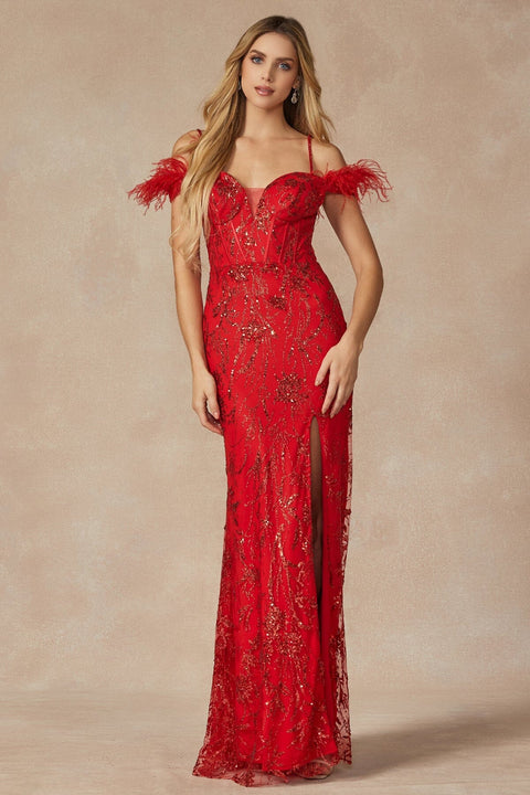 Juliet 2402: Off Shoulder Gown with Glitter Print and Feather Details
