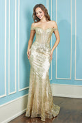 Adora 3123: Off Shoulder Mermaid Dress with Glitter Print