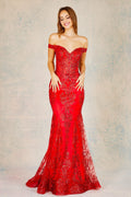 Adora 3123: Off Shoulder Mermaid Dress with Glitter Print