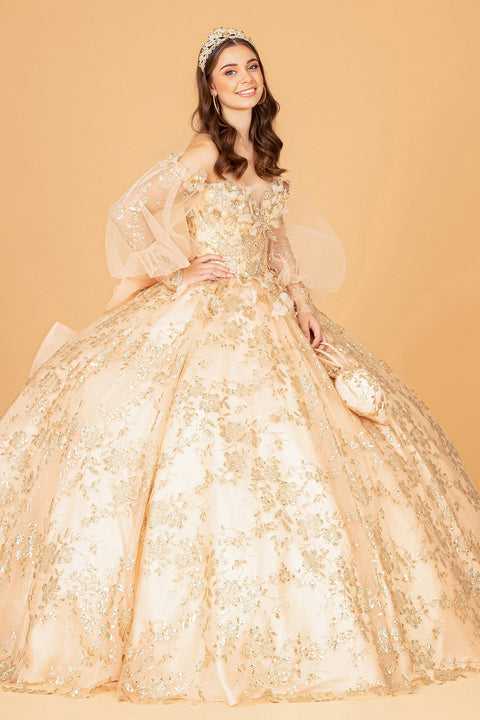 Elizabeth K GL3071: Puff Sleeve Ball Gown with Glitter Print