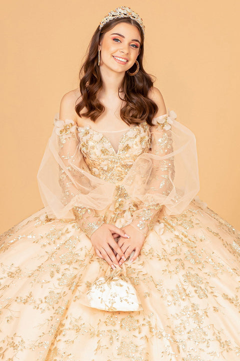 Elizabeth K GL3071: Puff Sleeve Ball Gown with Glitter Print