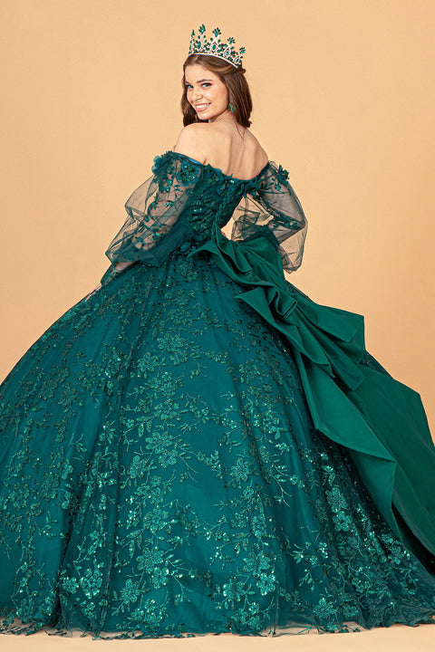 Elizabeth K GL3071: Puff Sleeve Ball Gown with Glitter Print