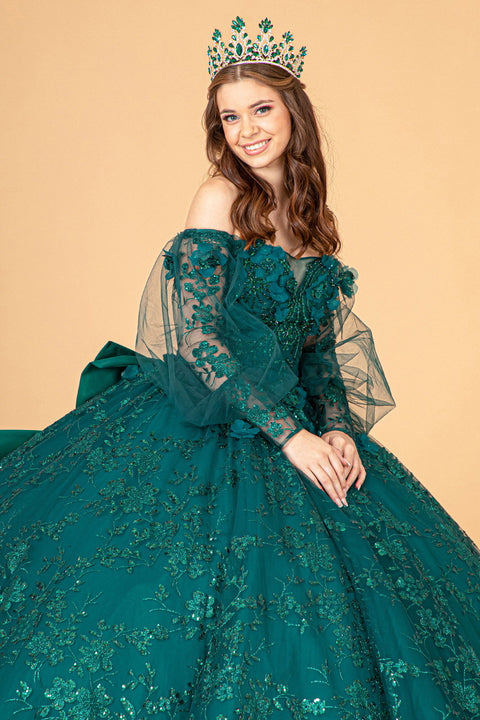 Elizabeth K GL3071: Puff Sleeve Ball Gown with Glitter Print
