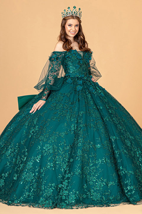 Elizabeth K GL3071: Puff Sleeve Ball Gown with Glitter Print