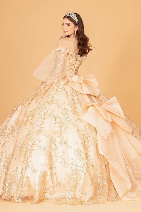 Elizabeth K GL3071: Puff Sleeve Ball Gown with Glitter Print