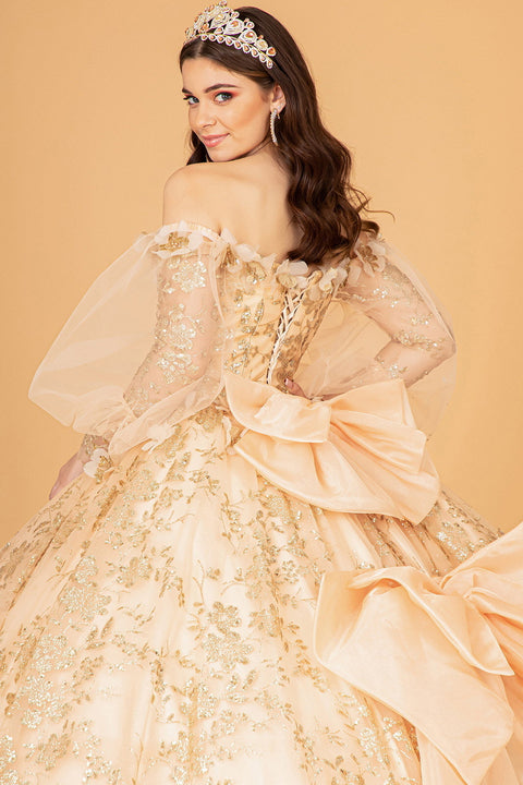 Elizabeth K GL3071: Puff Sleeve Ball Gown with Glitter Print