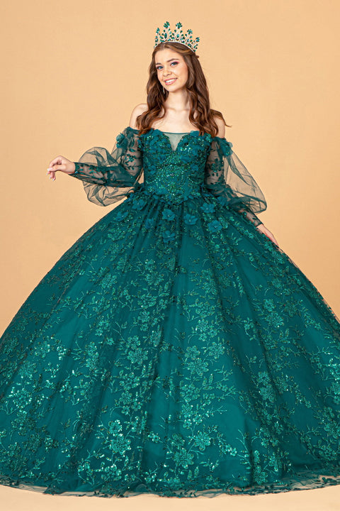 Elizabeth K GL3071: Puff Sleeve Ball Gown with Glitter Print