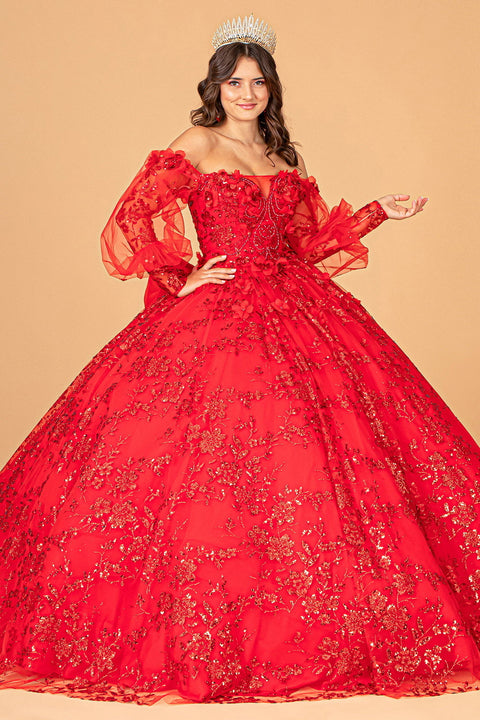 Elizabeth K GL3071: Puff Sleeve Ball Gown with Glitter Print