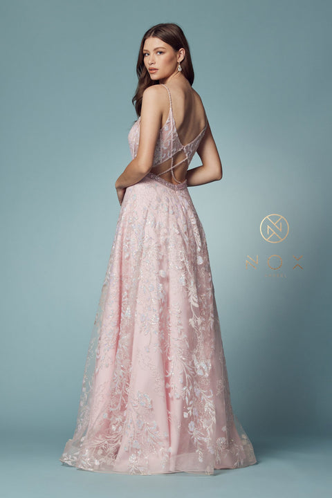 Sleeveless Glitter Print A-line Gown by Nox Anabel T1011
