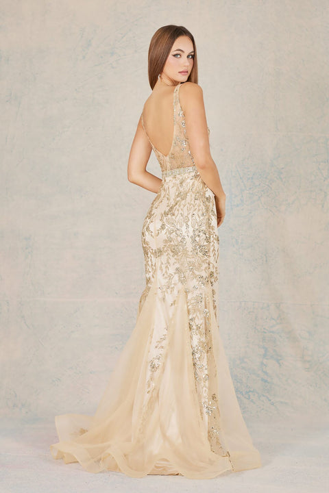 Adora 3127: V-Neck Mermaid Dress with Glitter Print