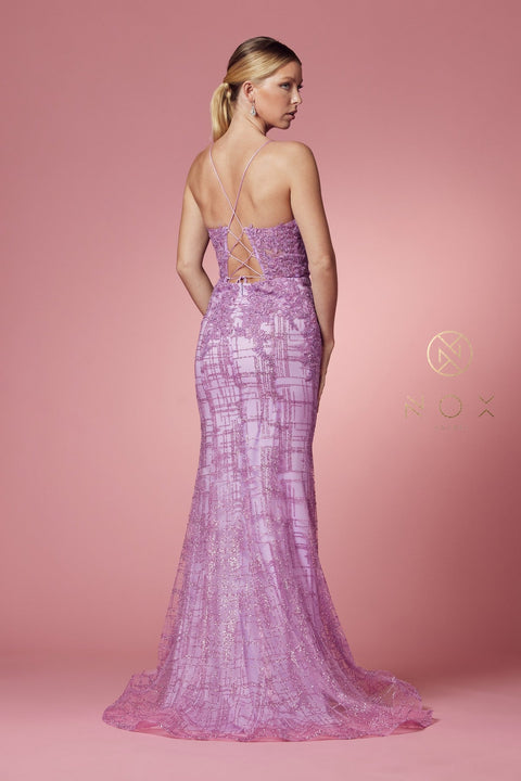 V-Neck Mermaid Dress with Glitter Print by Nox Anabel R282-1