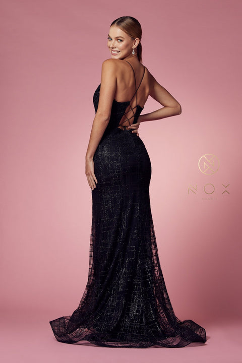 V-Neck Mermaid Dress with Glitter Print by Nox Anabel R282-1