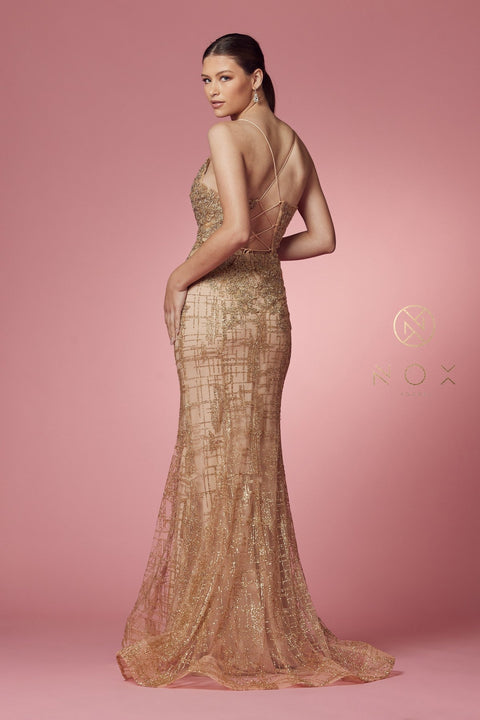 V-Neck Mermaid Dress with Glitter Print by Nox Anabel R282-1