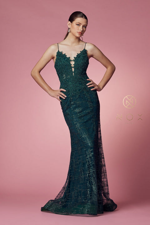 V-Neck Mermaid Dress with Glitter Print by Nox Anabel R282-1