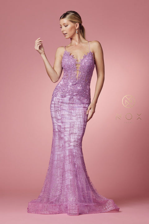 V-Neck Mermaid Dress with Glitter Print by Nox Anabel R282-1