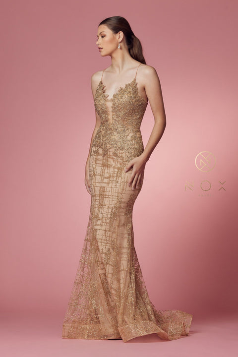 V-Neck Mermaid Dress with Glitter Print by Nox Anabel R282-1