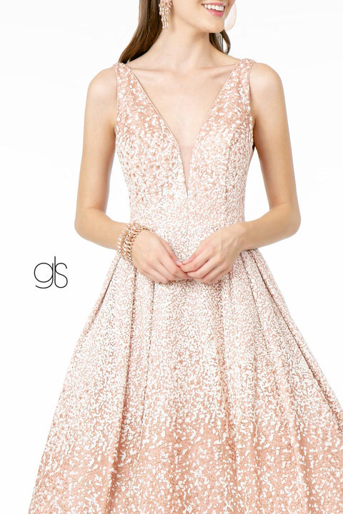 Elizabeth K GL2908: Long Dress with Glitter Tulle and Illusion V-Neckline