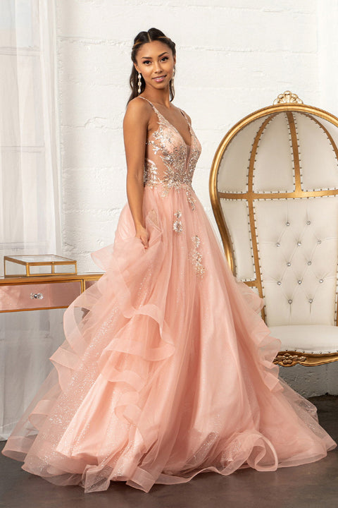 Glittery V-Neck Ball Gown by Elizabeth K GL3021
