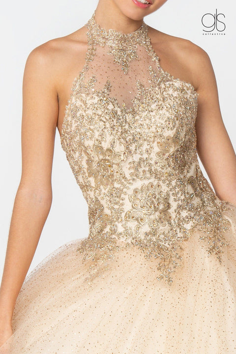 Elizabeth K GL2805: Halter Ball Gown with Gold Applique and Glitter Skirt