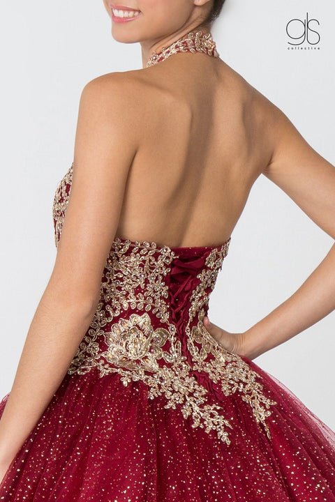 Elizabeth K GL2805: Halter Ball Gown with Gold Applique and Glitter Skirt