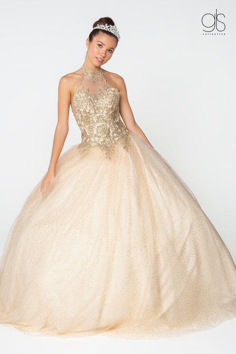 Elizabeth K GL2805: Halter Ball Gown with Gold Applique and Glitter Skirt